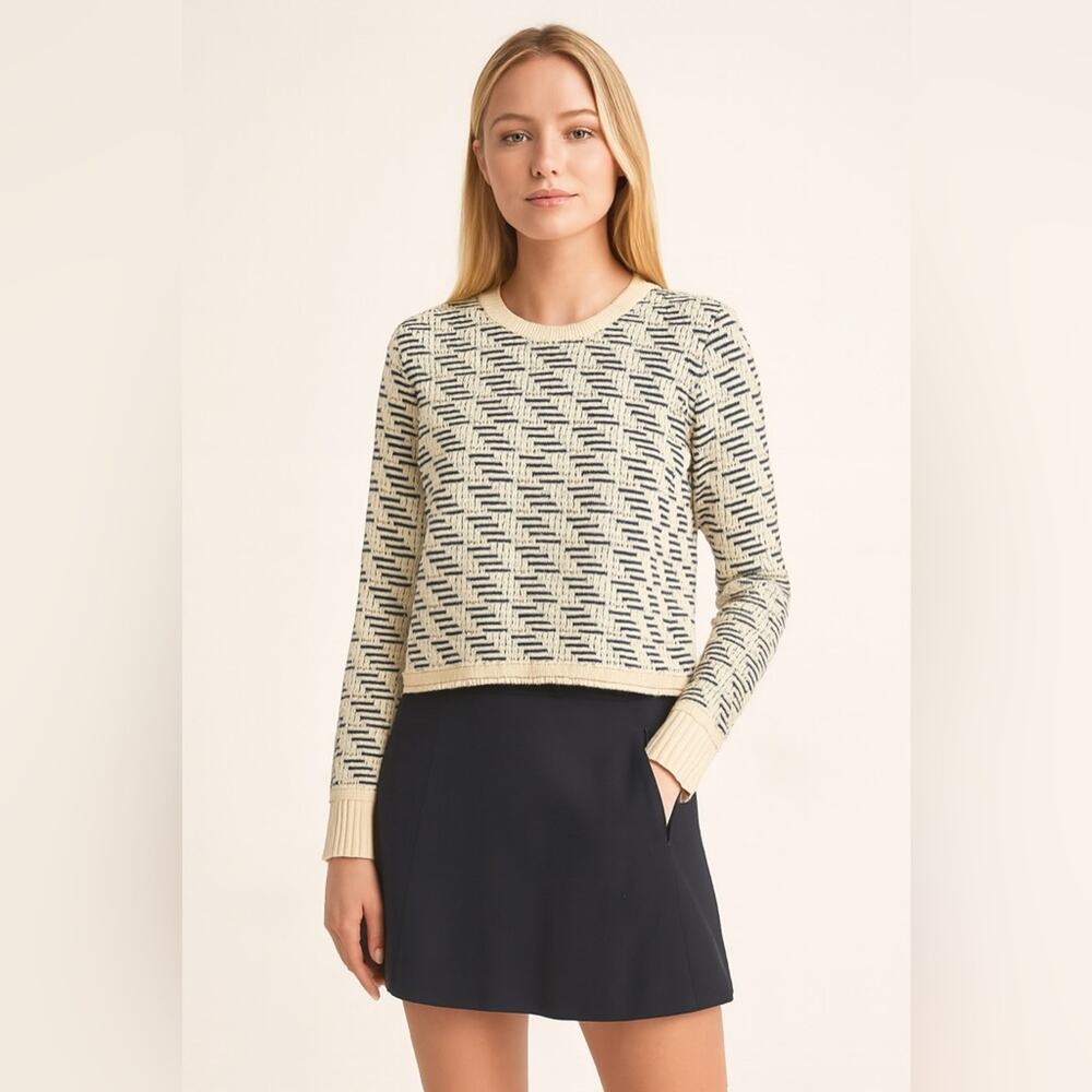 Tory Burch Geometric Cream Wool Blend Crewneck Sweater Women's Large